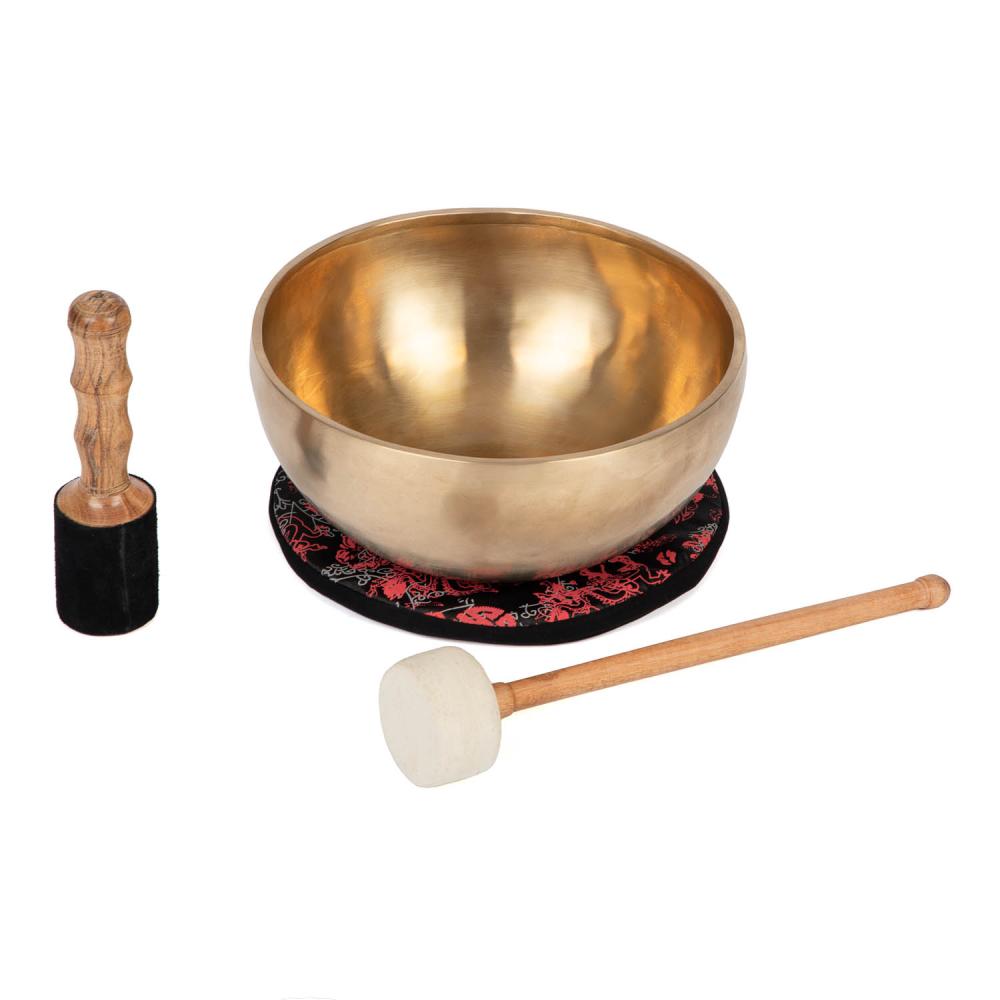 Tibetanska pojoča skleda bodhi, 24 cm, pribl. 1,5–2 kg, z blazinico, tolkalom iz klobučevine in lesenim tolkalom