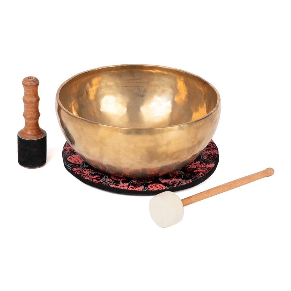 Tibetanska pojoča skleda bodhi, 35 cm, pribl. 3600 g, z blazinico, tolkalom iz klobučevine in lesenim tolkalom